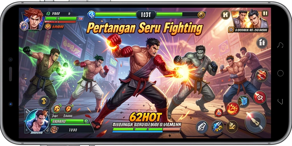 Tangkapan layar gameplay 62HOT menampilkan pertarungan seru antar karakter.