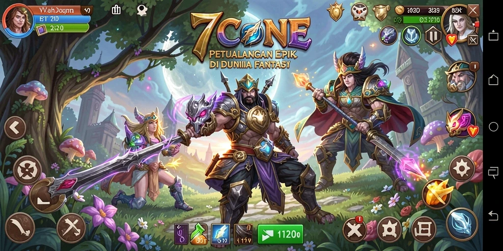 Screenshot 7CONE menampilkan pertarungan seru dalam dunia fantasi.
