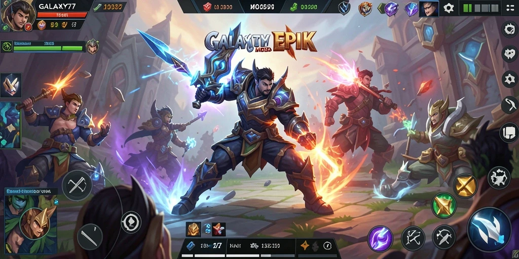 Tangkapan layar utama <strong>GALAXY77</strong> menampilkan aksi seru dari gameplay MOBA.