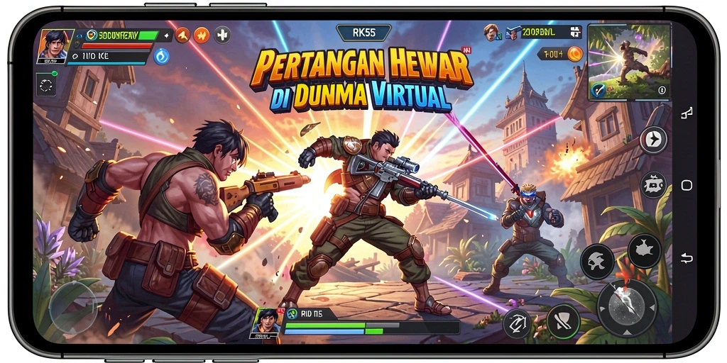Screenshot RK55 menampilkan pertarungan seru dengan karakter yang beragam.