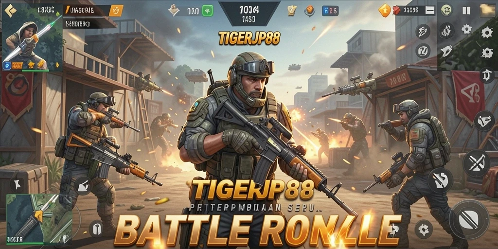 Screenshot utama TIGERJP88 menampilkan aksi pertempuran Battle Royale yang mendebarkan.